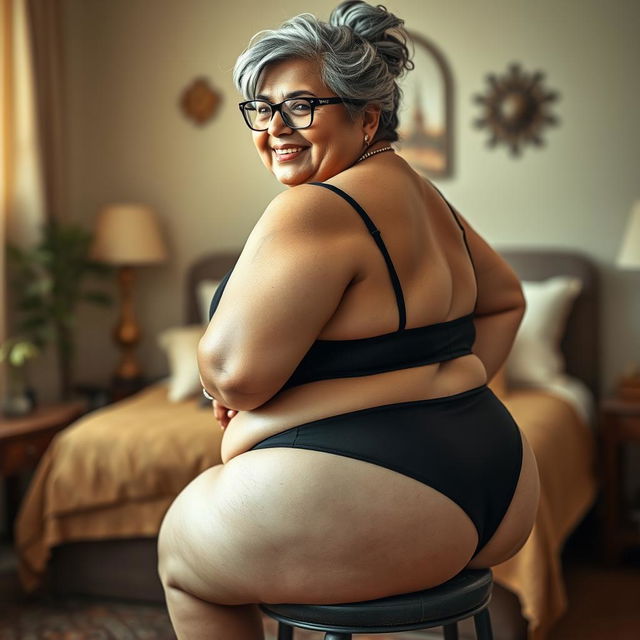 A 55-year-old Indian woman with ultra morbid obesity, featuring silver grey hair styled in a messy bun and wearing glasses, looking directly at the viewer with a joyful smile