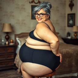 A 55-year-old Indian woman with ultra morbid obesity, featuring silver grey hair styled in a messy bun and wearing glasses, looking directly at the viewer with a joyful smile