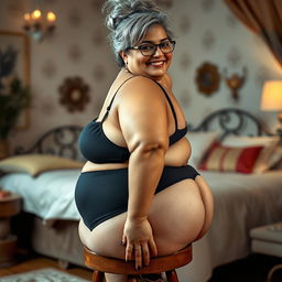 A 55-year-old Indian woman with ultra morbid obesity, featuring silver grey hair styled in a messy bun and wearing glasses, looking directly at the viewer with a joyful smile