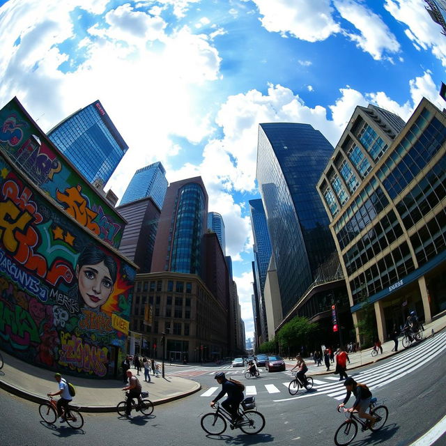 A dynamic cityscape featuring skyscrapers and bustling streets, captured in a 5 point or fisheye perspective