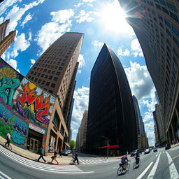 A dynamic cityscape featuring skyscrapers and bustling streets, captured in a 5 point or fisheye perspective