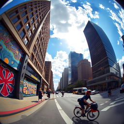 A dynamic cityscape featuring skyscrapers and bustling streets, captured in a 5 point or fisheye perspective