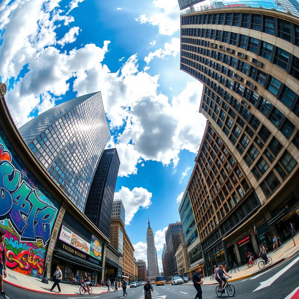 A dynamic cityscape featuring skyscrapers and bustling streets, captured in a 5 point or fisheye perspective