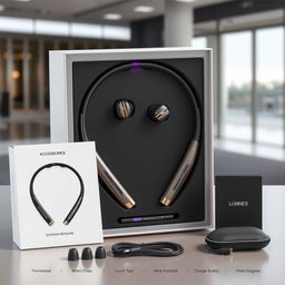 A futuristic slim neckband earphone design displayed as a complete package