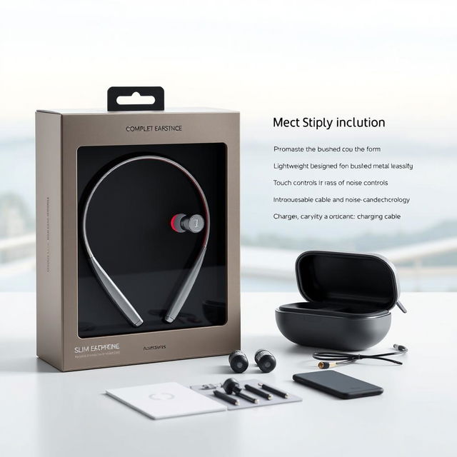 A futuristic slim neckband earphone design displayed as a complete package