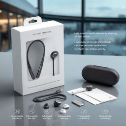 A futuristic slim neckband earphone design displayed as a complete package