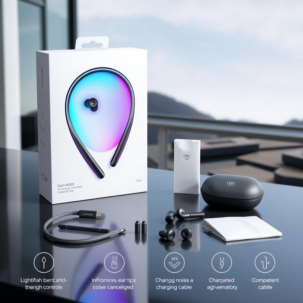 A futuristic slim neckband earphone design displayed as a complete package