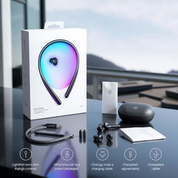 A futuristic slim neckband earphone design displayed as a complete package