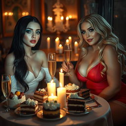 In a cozy, dimly lit restaurant, two gorgeous young women are seated at a candlelit table filled with a lavish assortment of cakes, desserts, and bubbling champagne