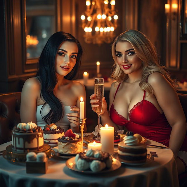 In a cozy, dimly lit restaurant, two gorgeous young women are seated at a candlelit table filled with a lavish assortment of cakes, desserts, and bubbling champagne