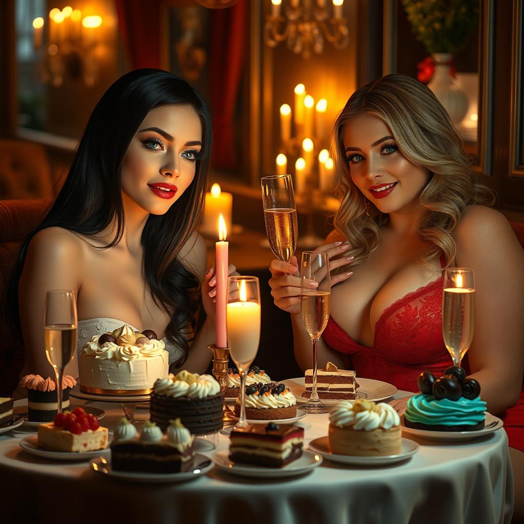 In a cozy, dimly lit restaurant, two gorgeous young women are seated at a candlelit table filled with a lavish assortment of cakes, desserts, and bubbling champagne