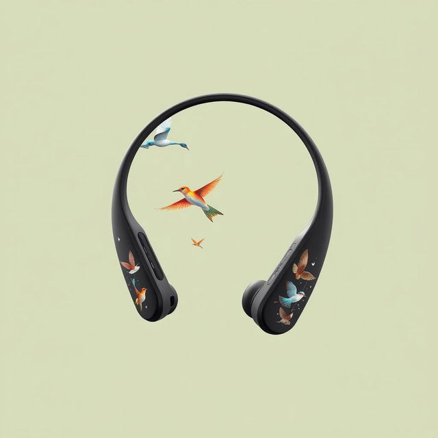 A futuristic slim neckband earphone design featuring intricate wear and birds integrated into the composition