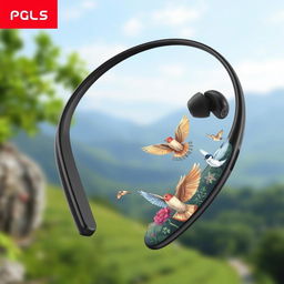 A futuristic slim neckband earphone design featuring intricate wear and birds integrated into the composition