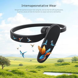 A futuristic slim neckband earphone design featuring intricate wear and birds integrated into the composition