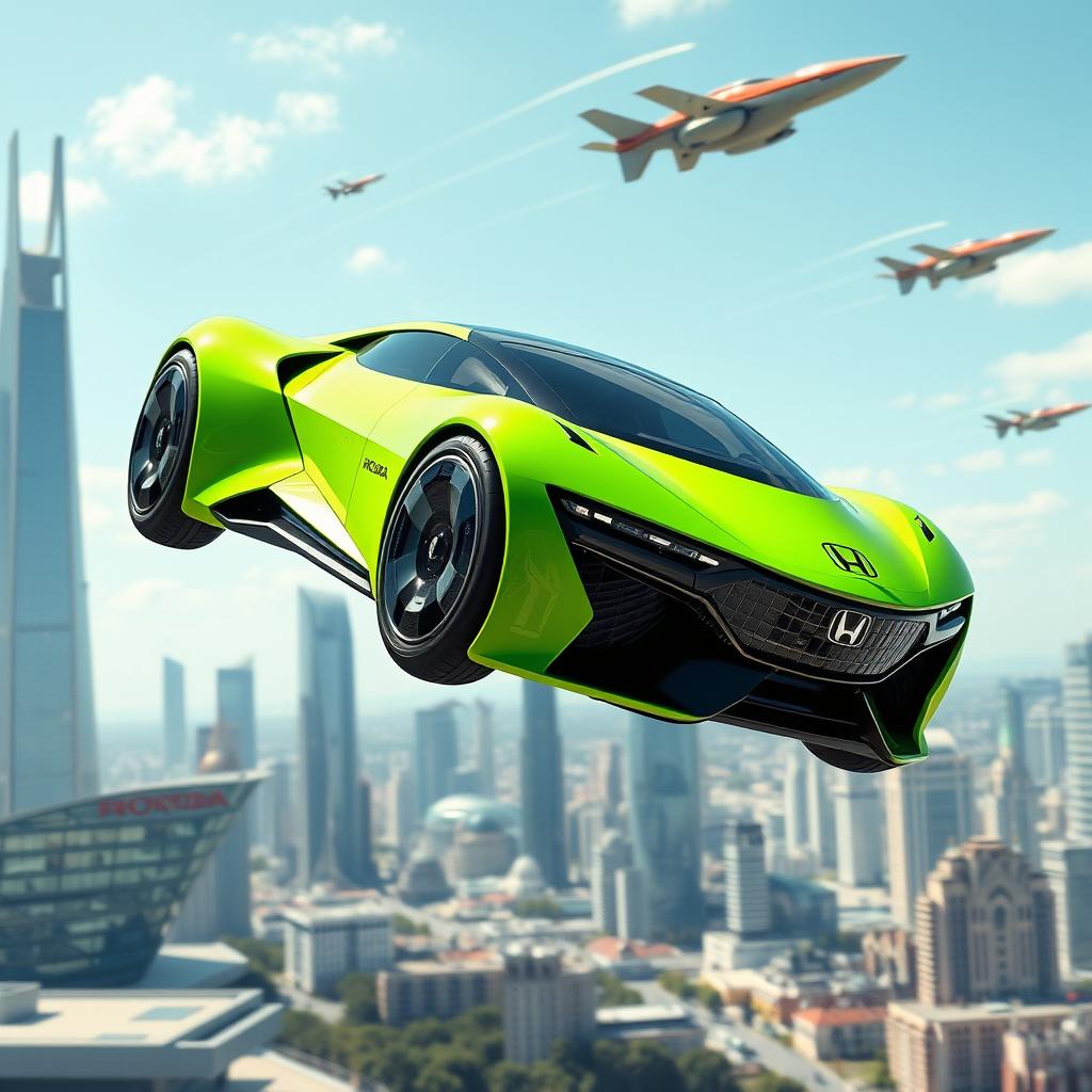 A futuristic and realistic flying car designed by Honda, featuring a vibrant fluorescent green color with small black details accentuating its sleek design