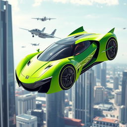 A futuristic and realistic flying car designed by Honda, featuring a vibrant fluorescent green color with small black details accentuating its sleek design