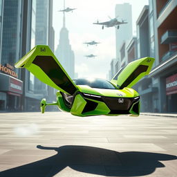 A futuristic and realistic flying car designed by Honda, featuring a vibrant fluorescent green color with small black details accentuating its sleek design
