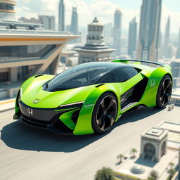 A futuristic and realistic flying car designed by Honda, featuring a vibrant fluorescent green color with small black details accentuating its sleek design