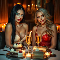 In a dimly lit, cozy restaurant, two stunning young women are seated at a candlelit table filled with an array of delectable cakes, desserts, and sparkling champagne