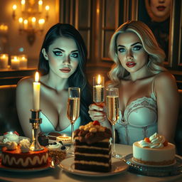 In a dimly lit, cozy restaurant, two stunning young women are seated at a candlelit table filled with an array of delectable cakes, desserts, and sparkling champagne