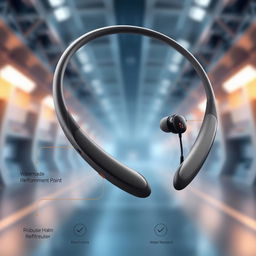 A futuristic slim neckband earphone design featuring a sleek and stylish neckbend with detailed ware and innovative earbuds