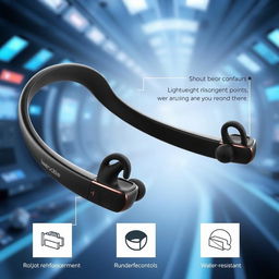 A futuristic slim neckband earphone design featuring a sleek and stylish neckbend with detailed ware and innovative earbuds