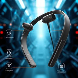A futuristic slim neckband earphone design featuring a sleek and stylish neckbend with detailed ware and innovative earbuds