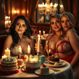 In a cozy, dimly lit restaurant, two stunning young women are sitting at a candlelit table adorned with an enticing assortment of cakes, desserts, and sparkling champagne