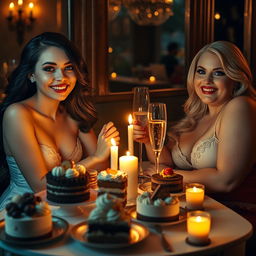 In a cozy, dimly lit restaurant, two stunning young women are sitting at a candlelit table adorned with an enticing assortment of cakes, desserts, and sparkling champagne
