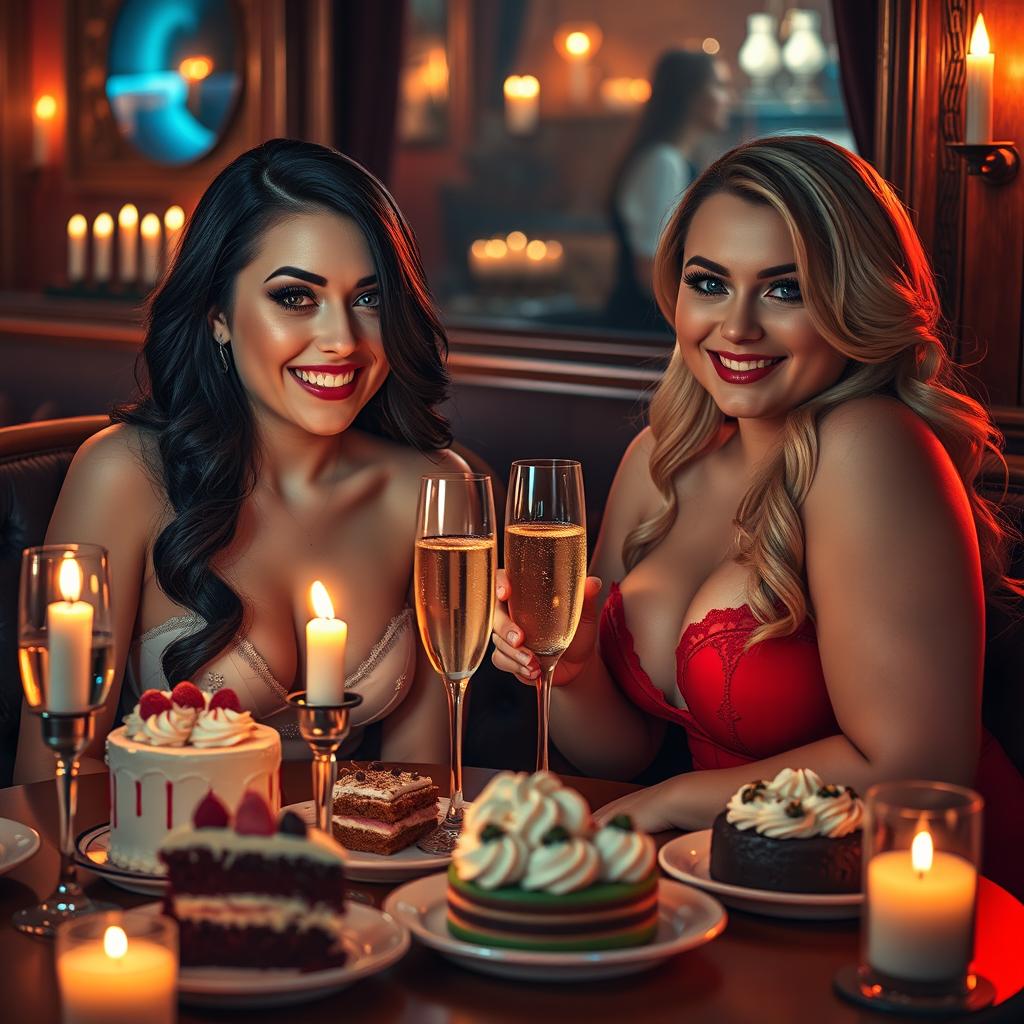 In a cozy, dimly lit restaurant, two stunning young women are sitting at a candlelit table adorned with an enticing assortment of cakes, desserts, and sparkling champagne