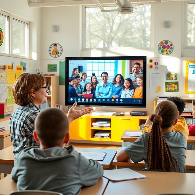 A vibrant classroom scene showing a teacher online, enthusiastically teaching a diverse group of students through a large screen