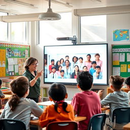 A vibrant classroom scene showing a teacher online, enthusiastically teaching a diverse group of students through a large screen
