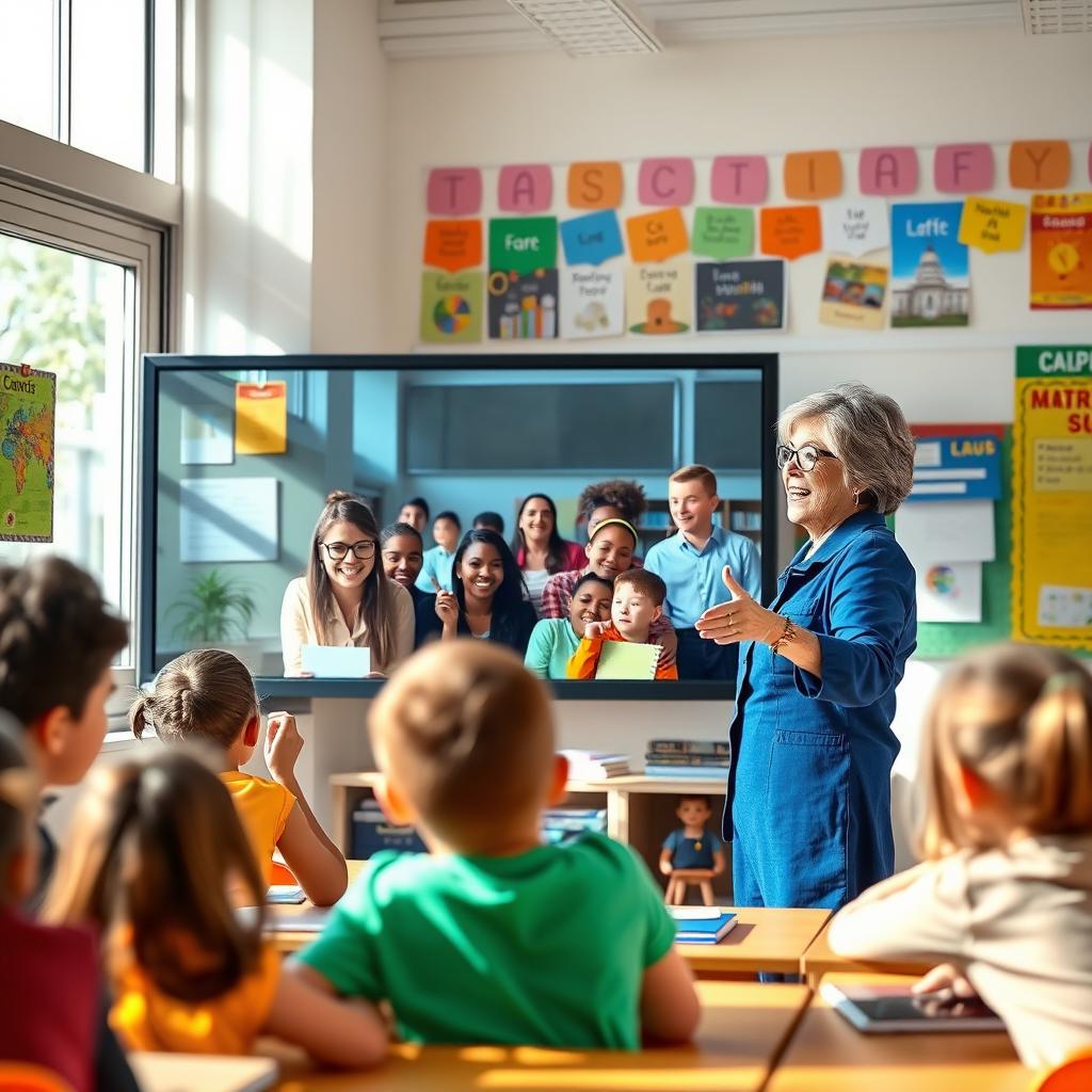 A vibrant classroom scene showing a teacher online, enthusiastically teaching a diverse group of students through a large screen