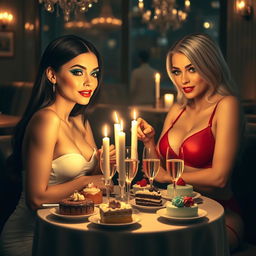 In a dimly lit, chic restaurant, two stunning young women are seated at a candlelit table adorned with a tempting array of cakes, desserts, and chilled champagne