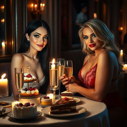 In a dimly lit, chic restaurant, two stunning young women are seated at a candlelit table adorned with a tempting array of cakes, desserts, and chilled champagne