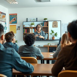 An engaging online classroom scene with a diverse group of adult students attentively participating in a virtual lecture