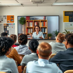 An engaging online classroom scene with a diverse group of adult students attentively participating in a virtual lecture