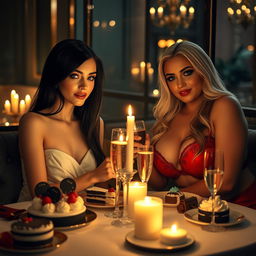 In a dimly lit, chic restaurant, two gorgeous young women are enjoying a meal at a candlelit table adorned with a delightful assortment of cakes, desserts, and chilled champagne