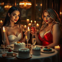 In a dimly lit, chic restaurant, two gorgeous young women are enjoying a meal at a candlelit table adorned with a delightful assortment of cakes, desserts, and chilled champagne