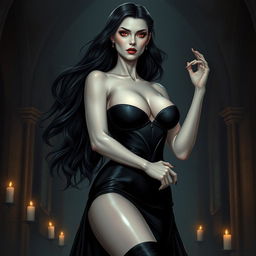 A stunningly beautiful female vampire standing confidently in a dimly lit, gothic setting