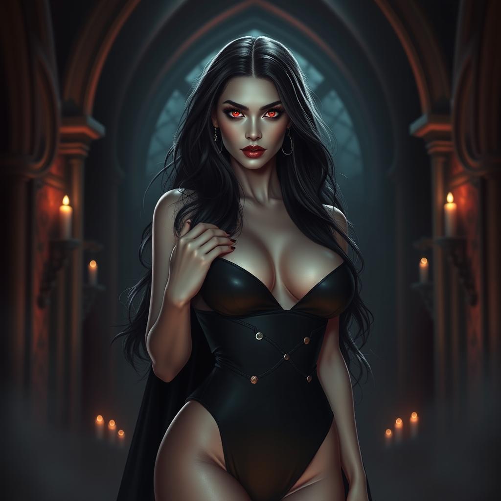 A stunningly beautiful female vampire standing confidently in a dimly lit, gothic setting