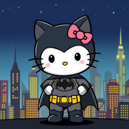 A whimsical reinterpretation of Batman, styled similarly to Hello Kitty, standing confidently in an urban city skyline filled with towering buildings and a dark blue night sky, showing the iconic Batman logo on the chest