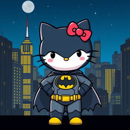 A whimsical reinterpretation of Batman, styled similarly to Hello Kitty, standing confidently in an urban city skyline filled with towering buildings and a dark blue night sky, showing the iconic Batman logo on the chest
