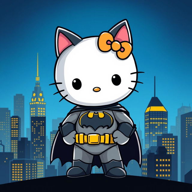 A whimsical reinterpretation of Batman, styled similarly to Hello Kitty, standing confidently in an urban city skyline filled with towering buildings and a dark blue night sky, showing the iconic Batman logo on the chest