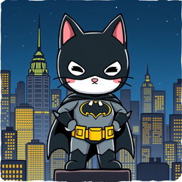 A whimsical reinterpretation of Batman, styled similarly to Hello Kitty, standing confidently in an urban city skyline filled with towering buildings and a dark blue night sky, showing the iconic Batman logo on the chest