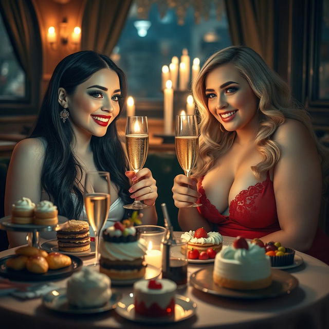 In a cozy, dimly lit restaurant, two beautiful young women are enjoying a lavish meal at a candlelit table filled with an exquisite assortment of cakes, desserts, and fine champagne