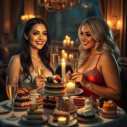 In a cozy, dimly lit restaurant, two beautiful young women are enjoying a lavish meal at a candlelit table filled with an exquisite assortment of cakes, desserts, and fine champagne