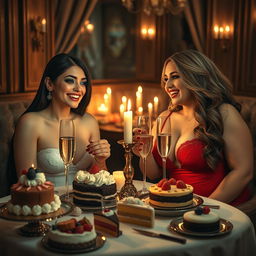 In a cozy, dimly lit restaurant, two beautiful young women are enjoying a lavish meal at a candlelit table filled with an exquisite assortment of cakes, desserts, and fine champagne
