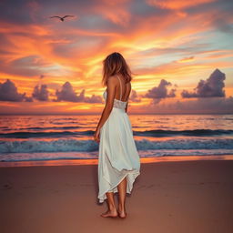 A beautiful sunset over a serene beach with vibrant colors of orange, pink, and purple in the sky reflecting on the calm ocean waves