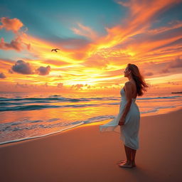 A beautiful sunset over a serene beach with vibrant colors of orange, pink, and purple in the sky reflecting on the calm ocean waves